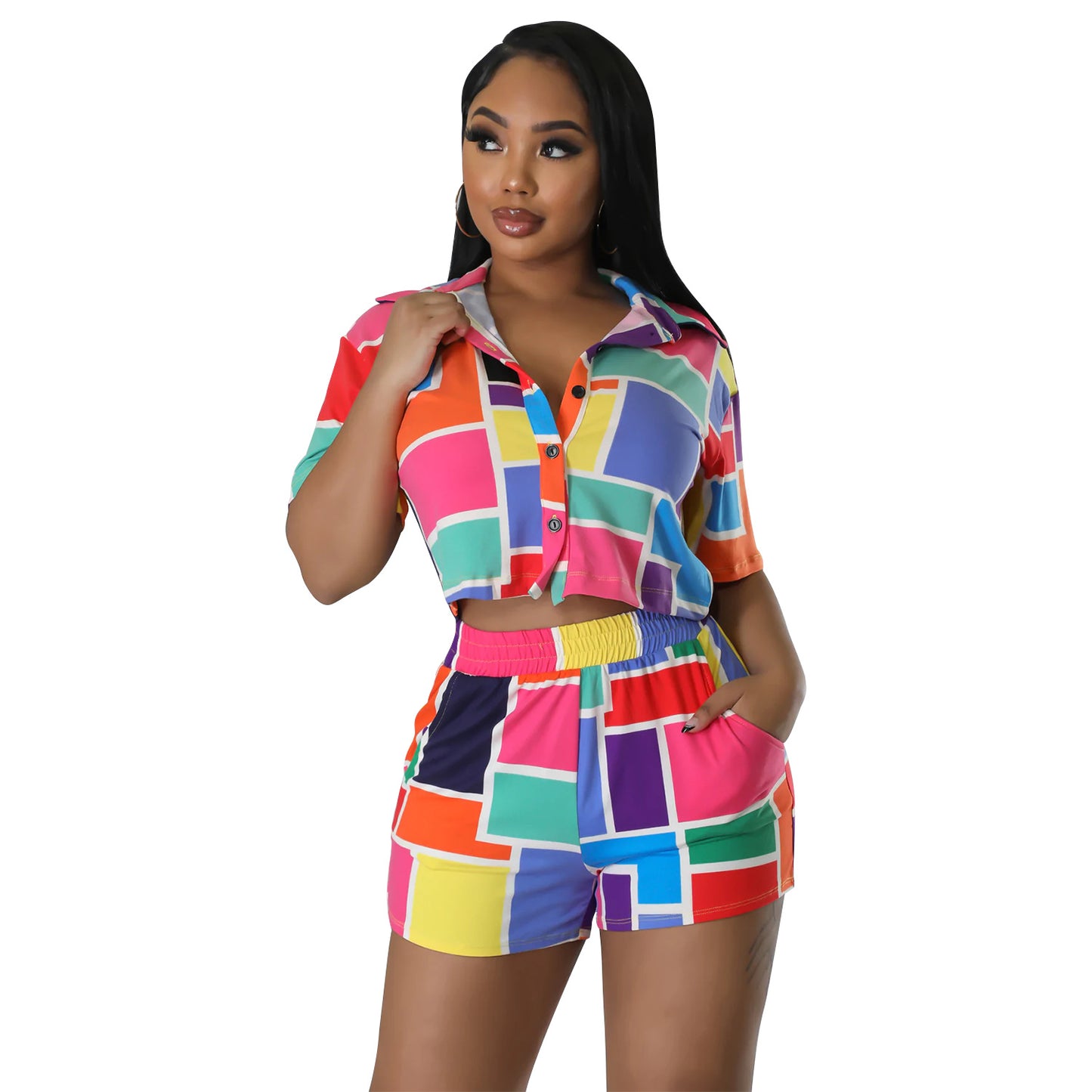 Conjunto de dos piezas de manga corta con solapa y estampado informal de verano para mujer