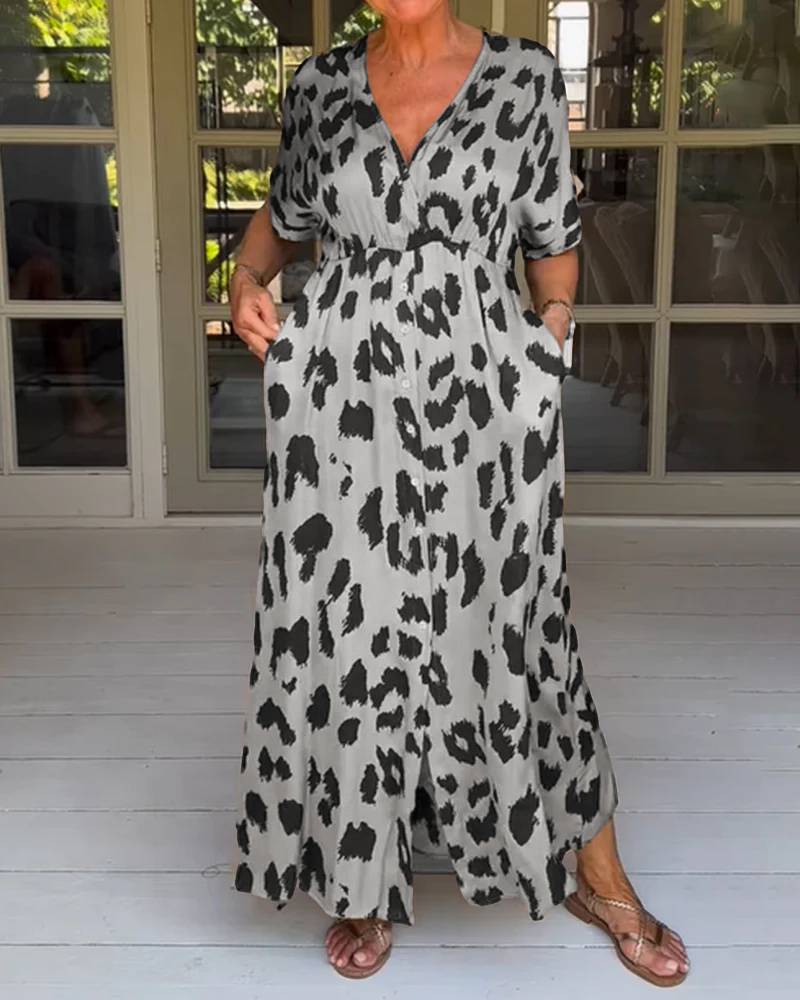 Women Loose Casual V-Neck Leopard Printed Split Dress