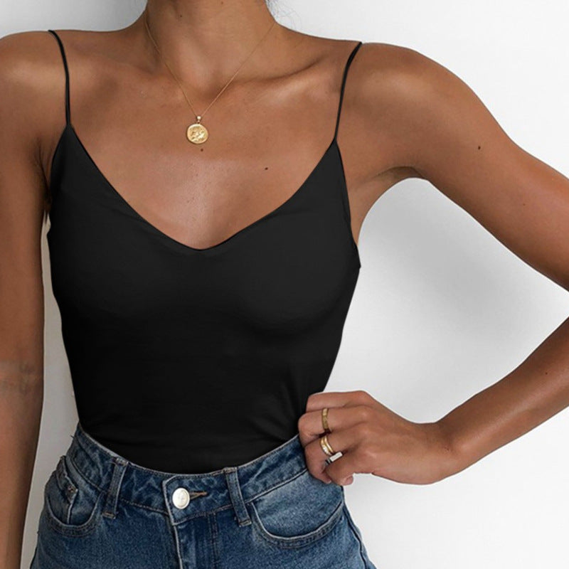 Top informal sencillo de color liso con tirantes finos ajustados para mujer