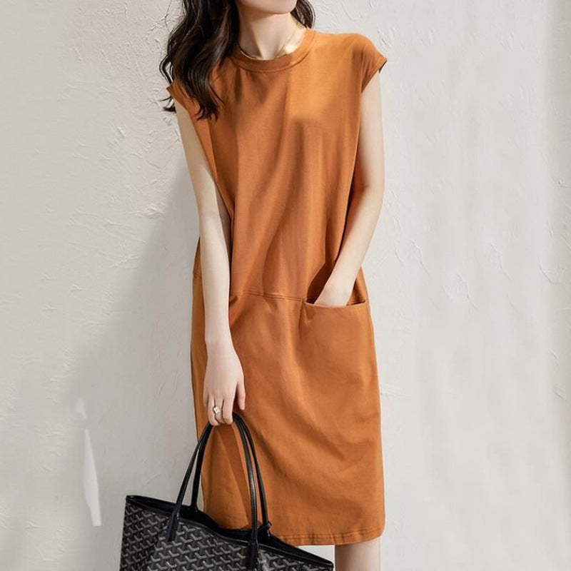 Vestido suelto informal de manga corta de color liso a la moda para mujer