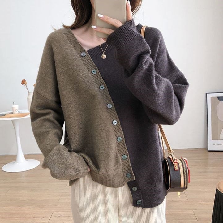 Women Casual Fashion Irregular Color Block Sweater