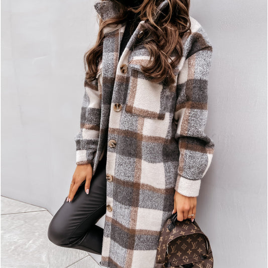 Abrigo de invierno para mujer, de manga larga, con solapa abotonada, informal, cálido, a cuadros, tipo chaqueta