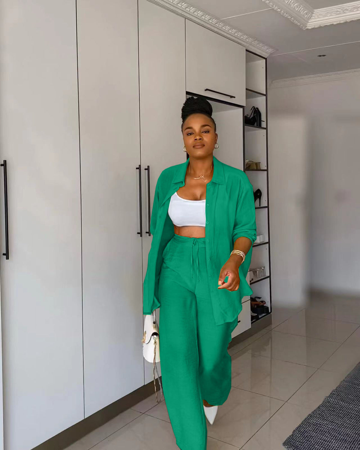 Conjunto de dos piezas formado por camisa, pantalón y top de manga larga con solapa, informal, a la moda para mujer