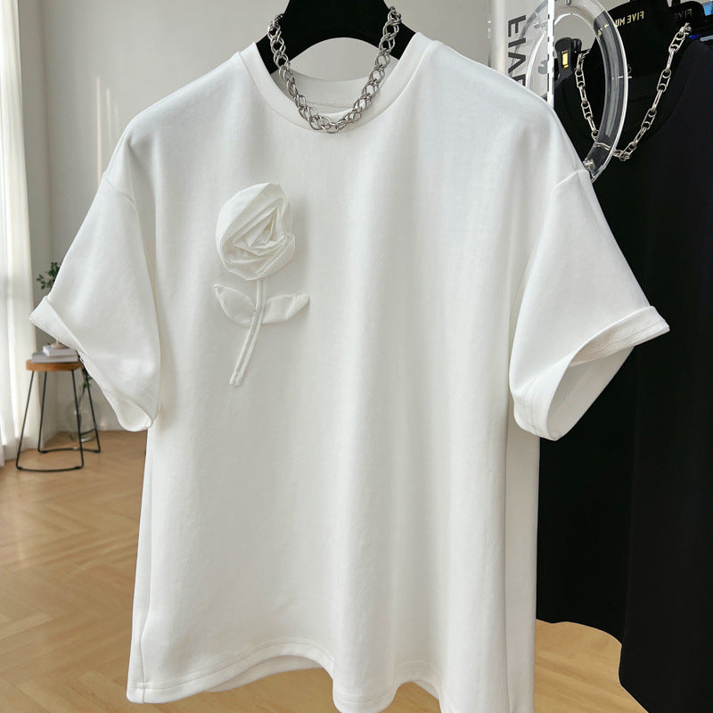 Camisetas casuales de algodón con cuello redondo y flores para mujer