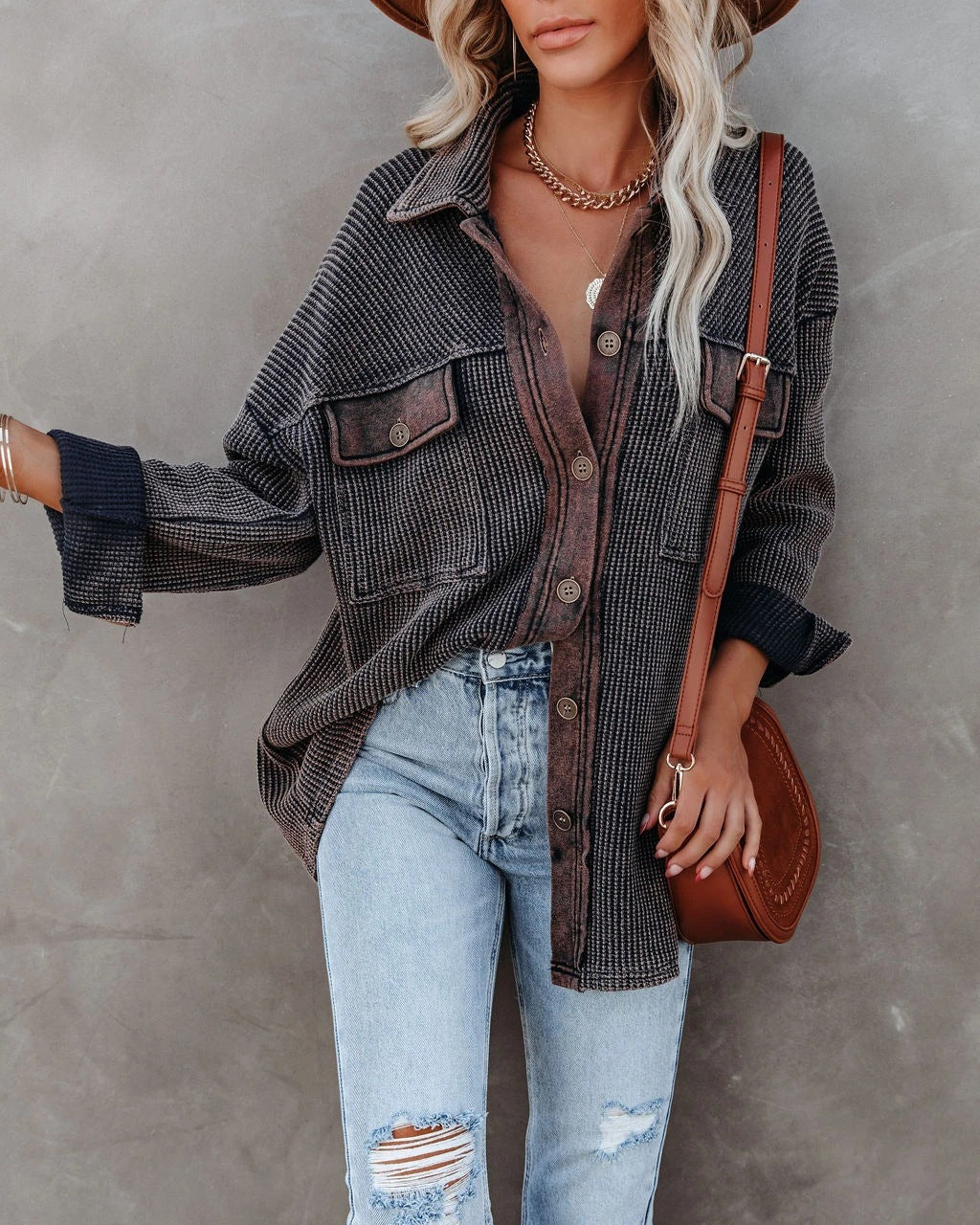 Women Casual Office Long Sleeve Lapel Single-breasted Pocket Design Rin Knit Shacket