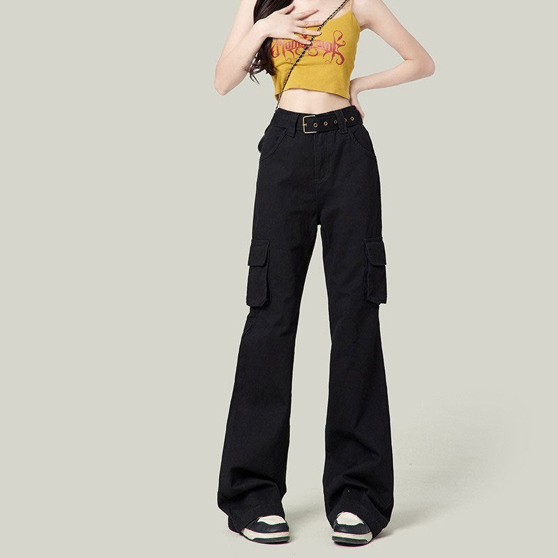 Retro Casual Women High Waist Spice Solid Color Pocket Cargo Pants