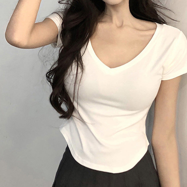 Camiseta informal de manga corta con cuello en V y color liso para mujer
