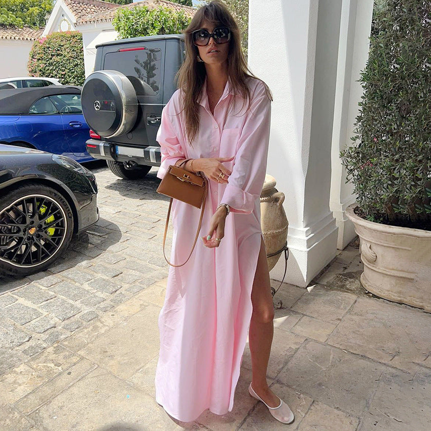Women Casual Loose Solid Color Lapel Split Cotton Dress