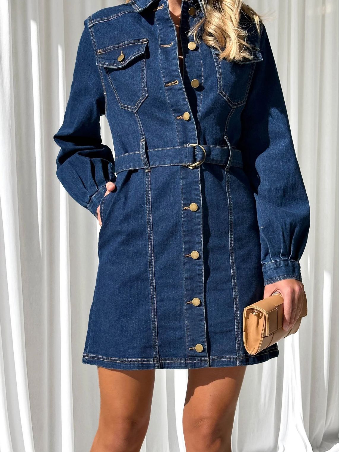 Vestido vaquero informal de manga larga con botones y cordones para mujer