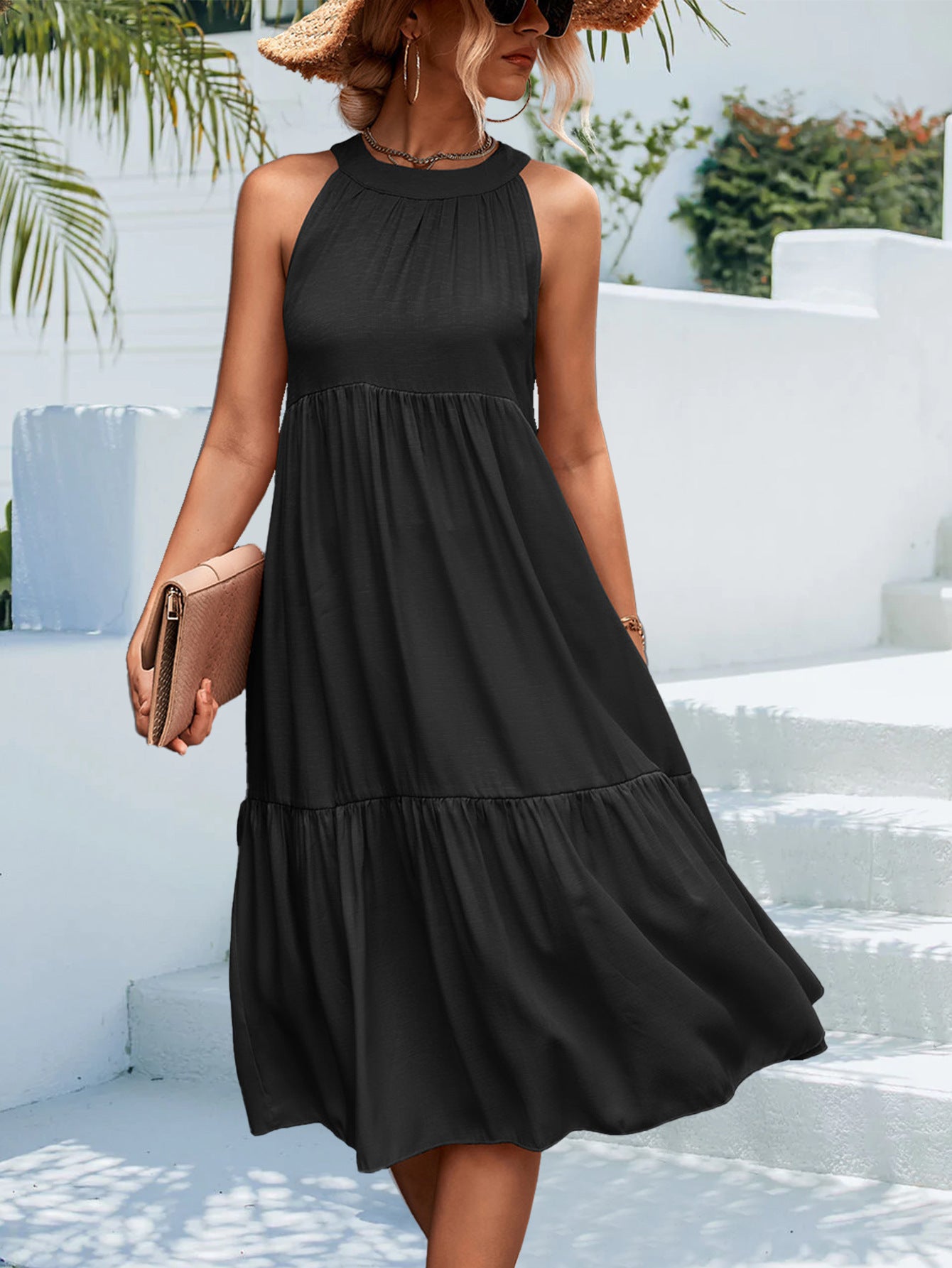 Women Fashion Casual Summer Vacation Solid Color Halter Neck Loose Midi Dress