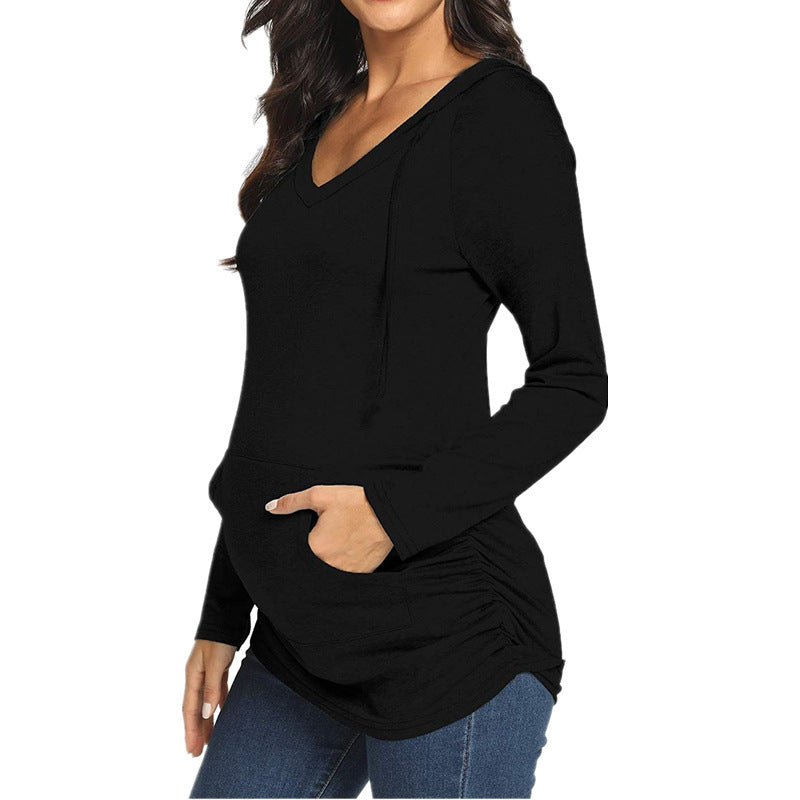 Pregnant Women Casual Solid Color V-Neck Long Sleeve Hooded Top