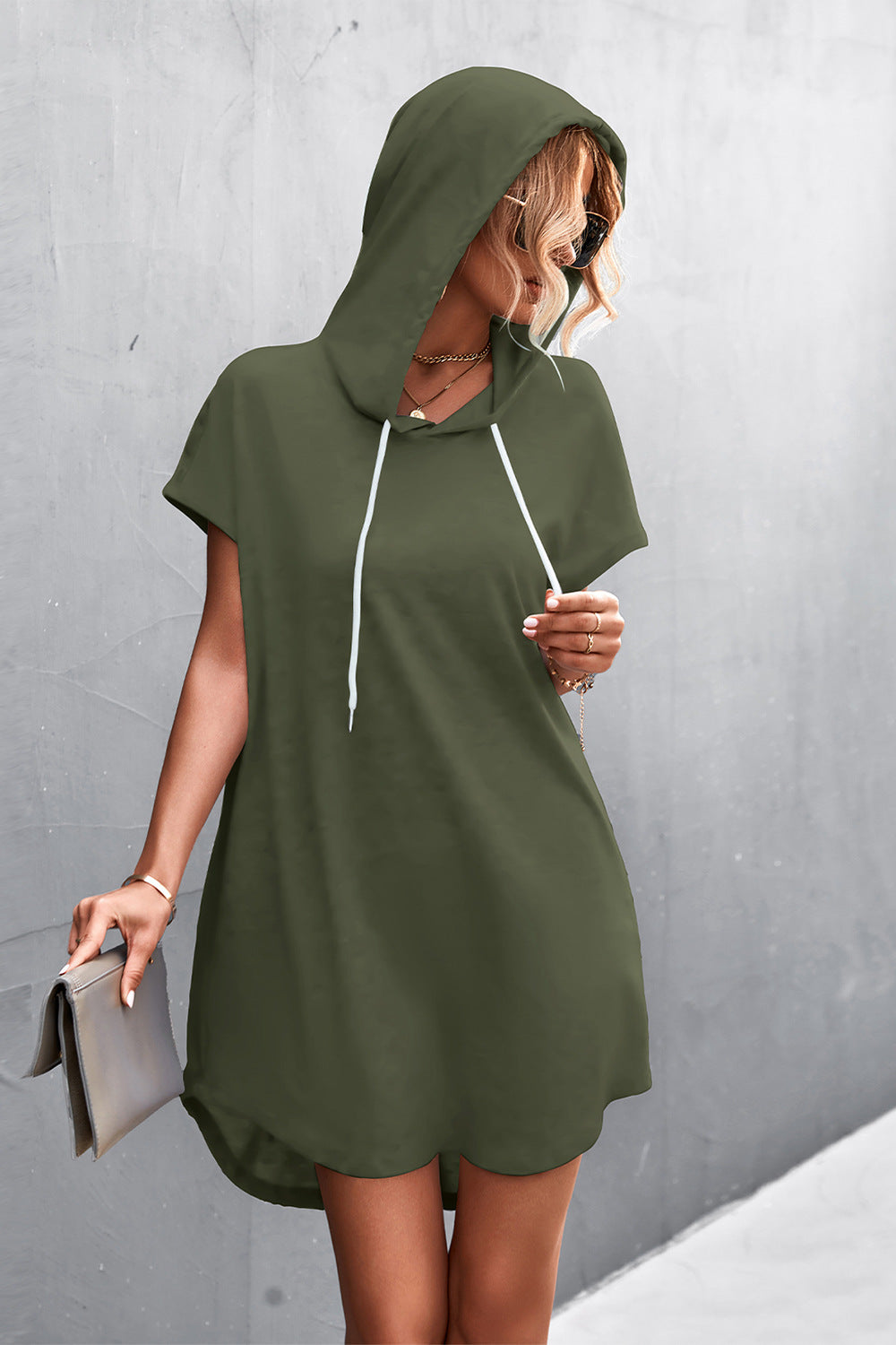 Summer Athleisure Women'S Casual Basic Hooded Solid Color Short Sleeve Dress