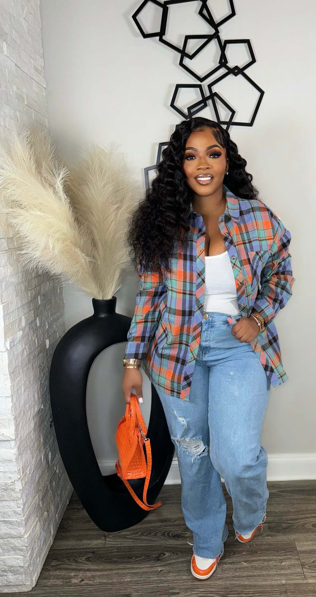 Women Fashion Casual Multicolor Plaid Lapel Single Breasted Long-Sleeve Blouse