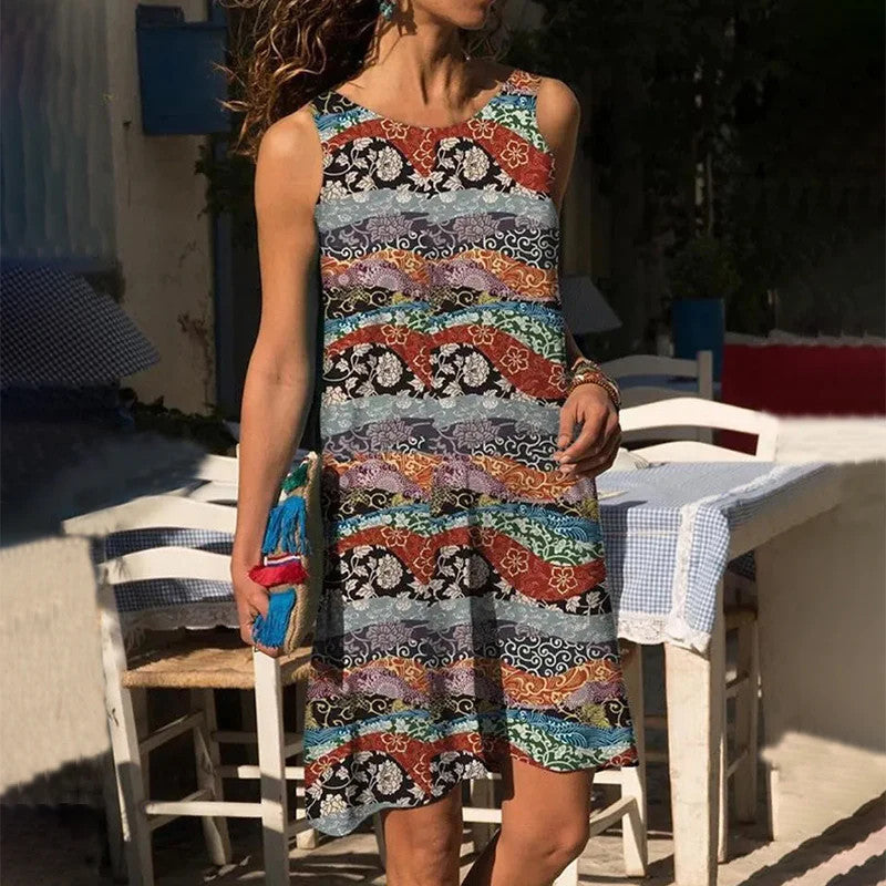 Women Fashion Casual Boho Vacation Geometric And Floral Printing V-Neck Loose Dress