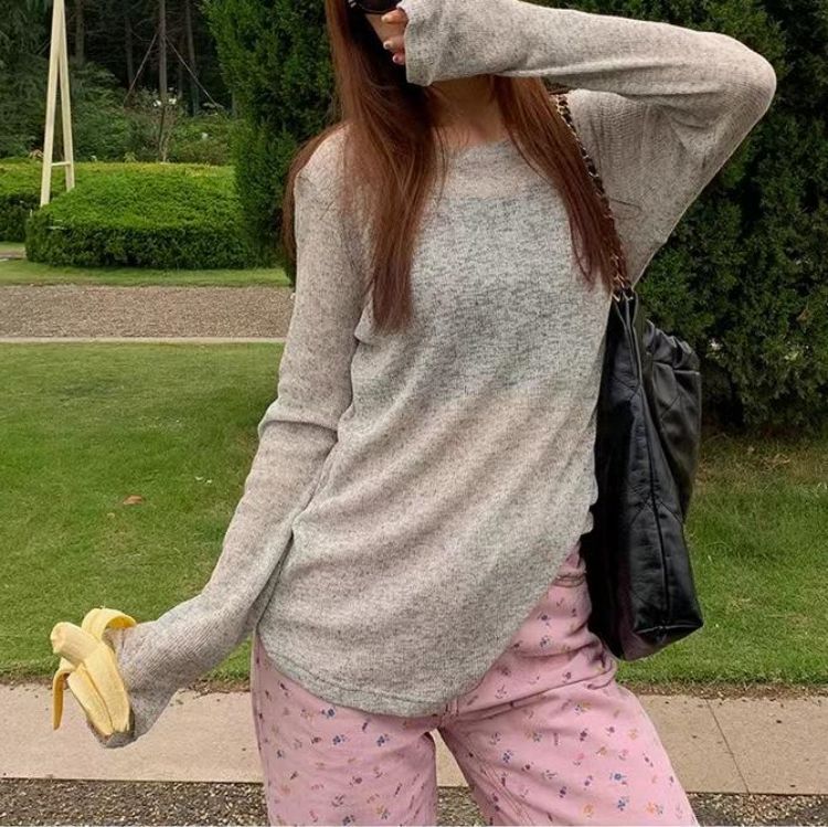 Top informal de manga larga con cuello redondo y color liso para mujer