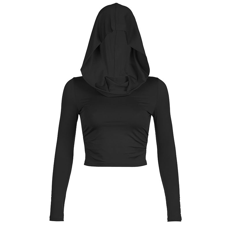 Top corto de manga larga con capucha de color sólido informal a la moda para mujer
