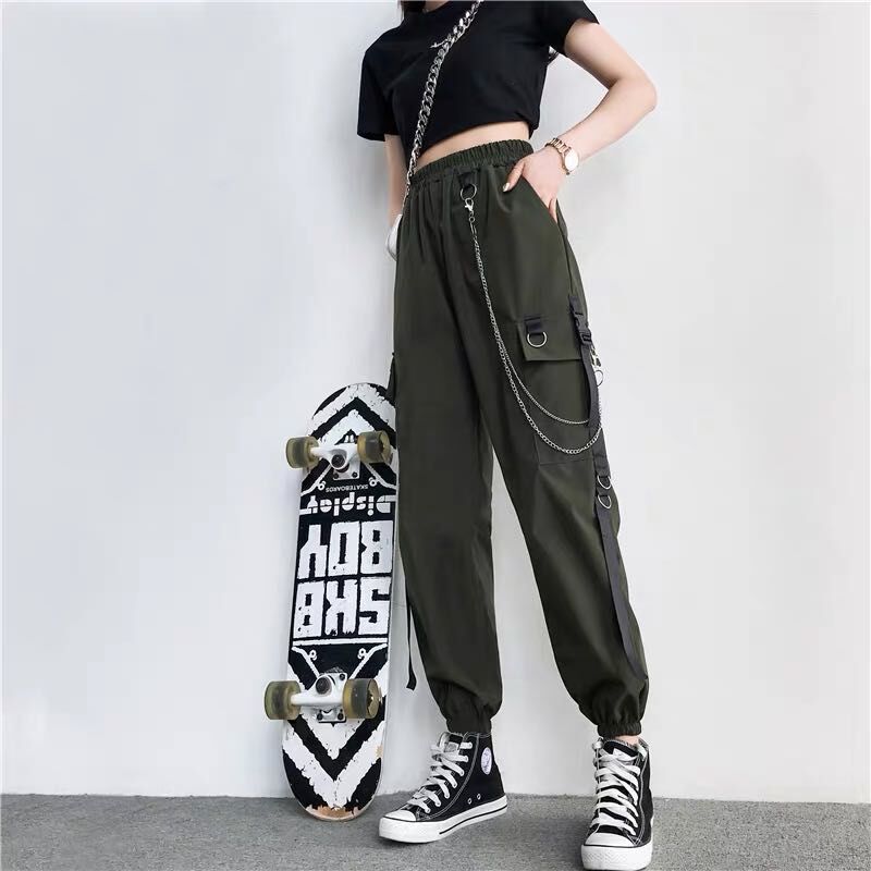 Women Casual Hip-hop Straight Loose Cargo Jogger Pants With Chain