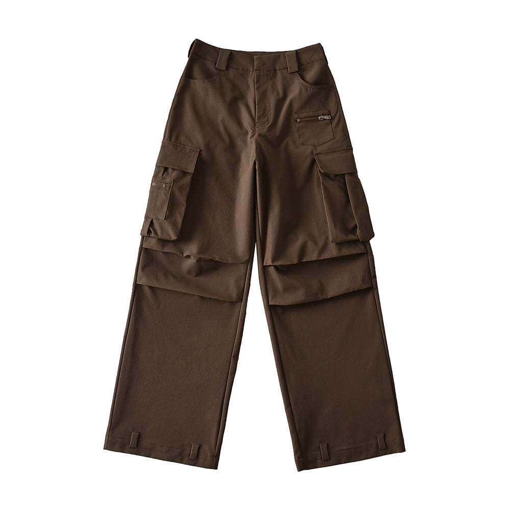 Women Fashion Casual Solid Color High Waist Wide Leg Cargo Pants