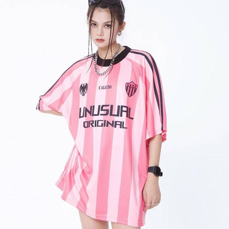 Camiseta deportiva holgada informal de manga corta con rayas rosas de estilo hip hop para mujer