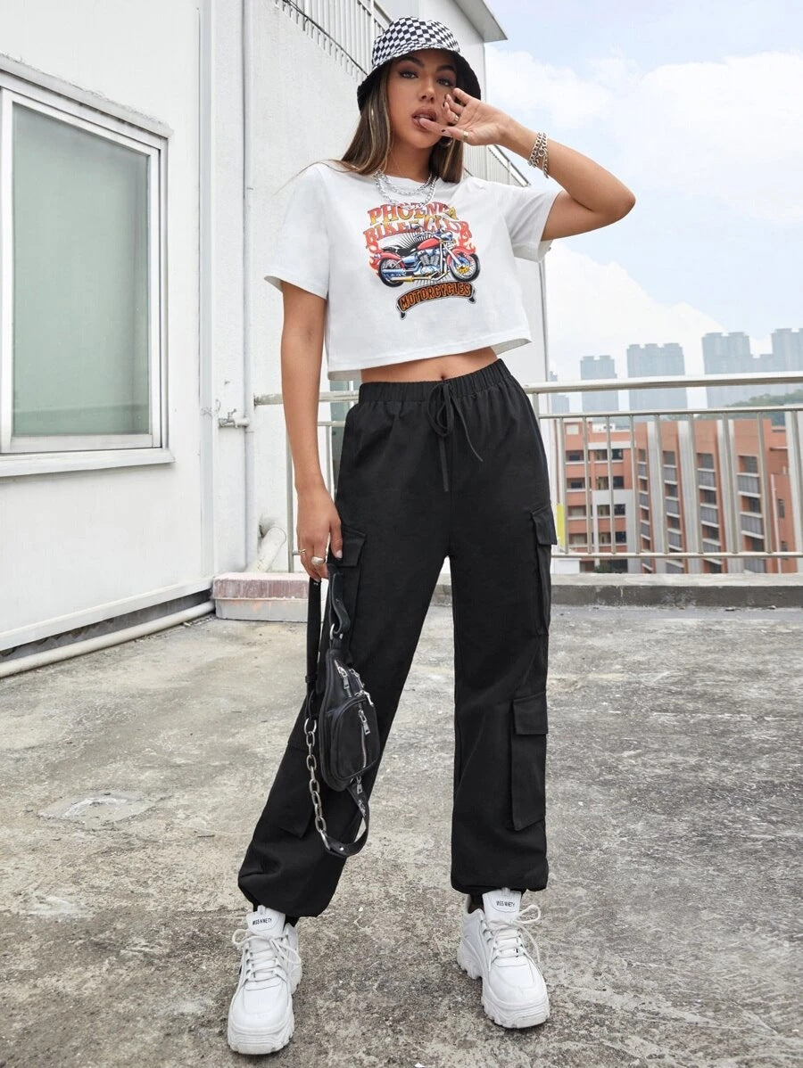 Women Solid Color Elastic High Waist Loose Casual Sports Pants