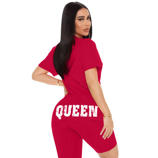 Women Orange Casual Athleisure Short Sleeves Round Neck Letter Printed Top And Solid Color Shorts Set