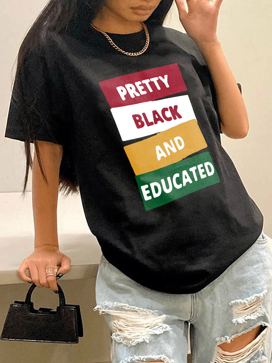 Camiseta informal holgada de talla grande para mujer, cuello redondo, manga corta, estampado de letras y eslogan