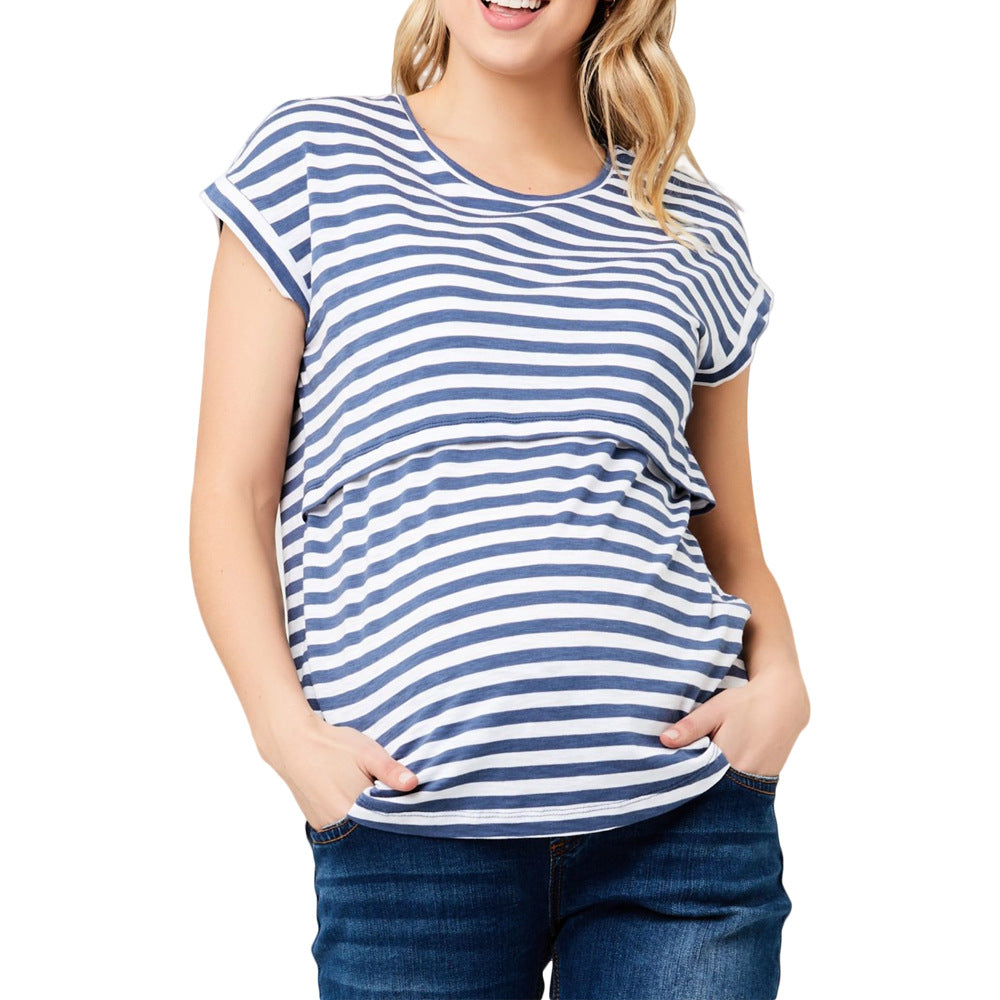 Camiseta de lactancia de manga corta con estampado de rayas para embarazadas de verano