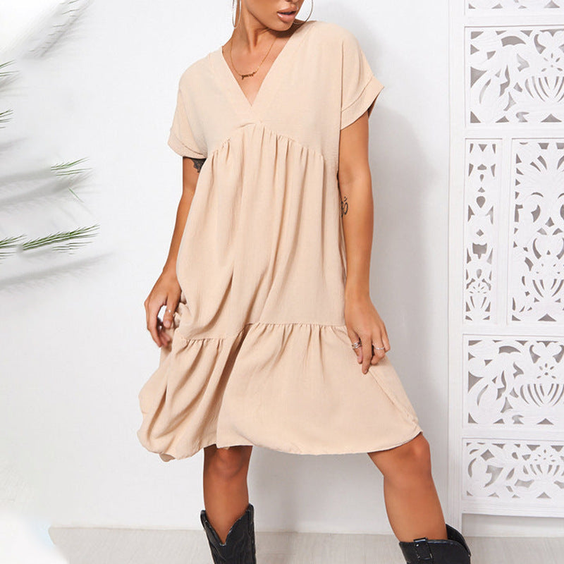 Vestido plisado informal de manga corta con cuello en V y color liso para mujer