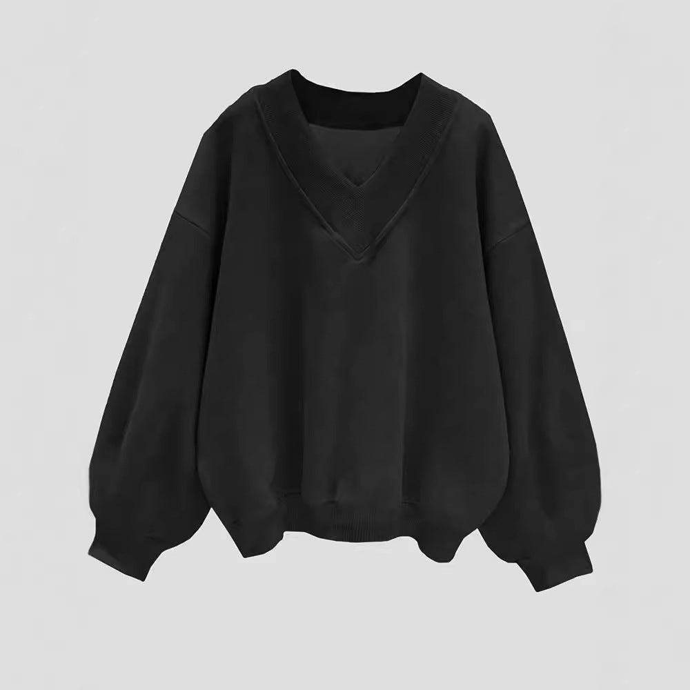 Sudadera informal holgada de manga corta con cuello en V para mujer