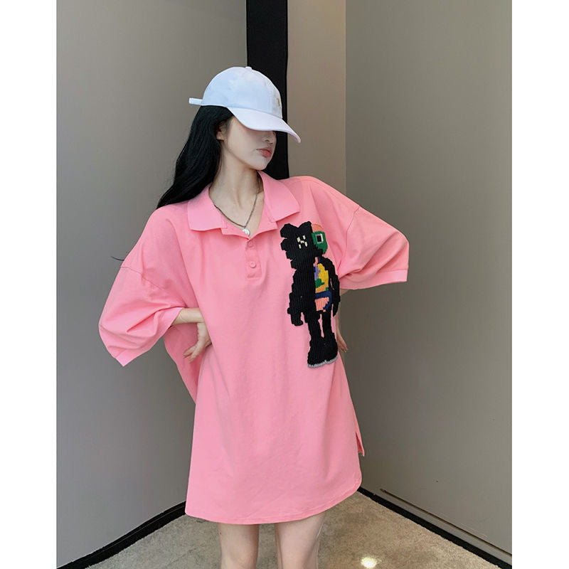 Women Casual Cute Cartoon Pattern Short Sleeve Lapel Dress