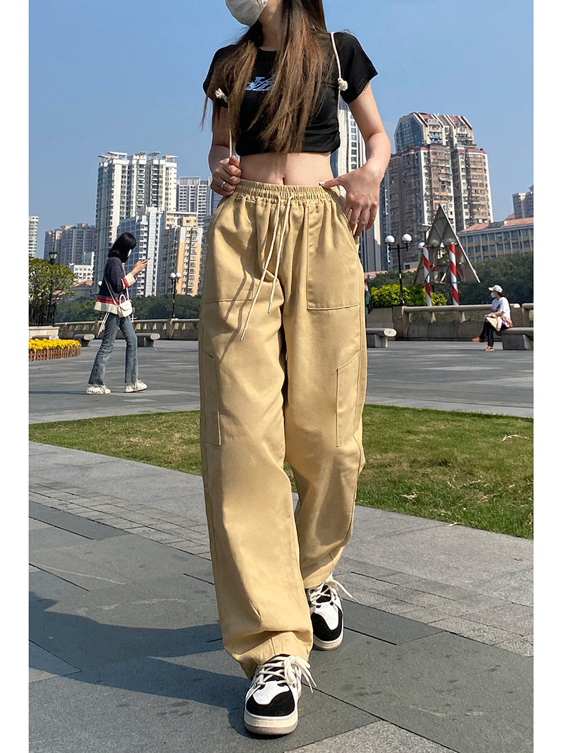 Women Fashion Casual Loose Elastic High Waist Straight Leg Cargo Pants