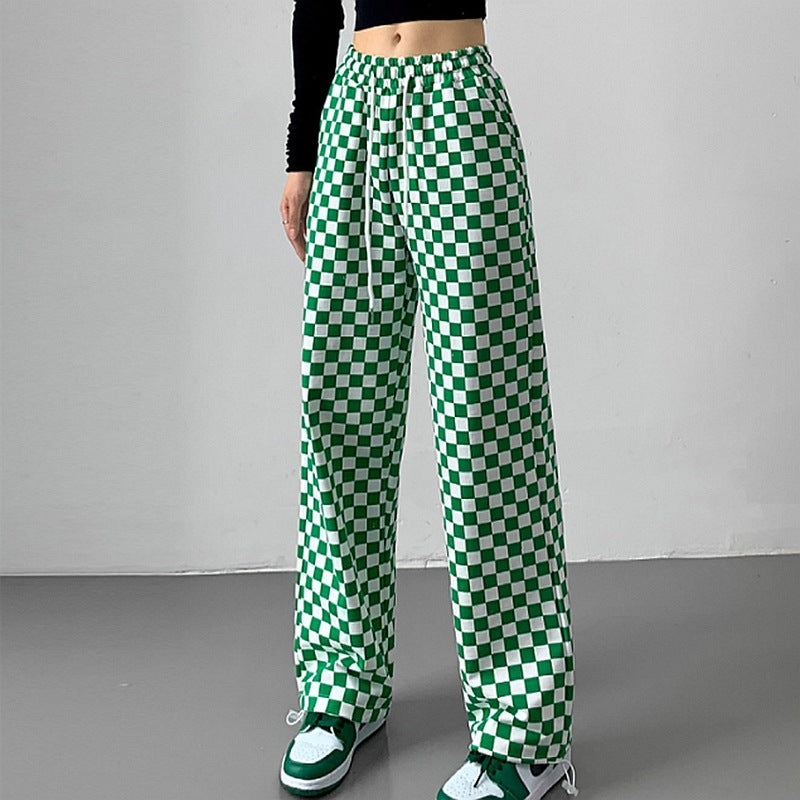 Women Casual Edgy Checkerboard Plaid Wide-Leg Pants