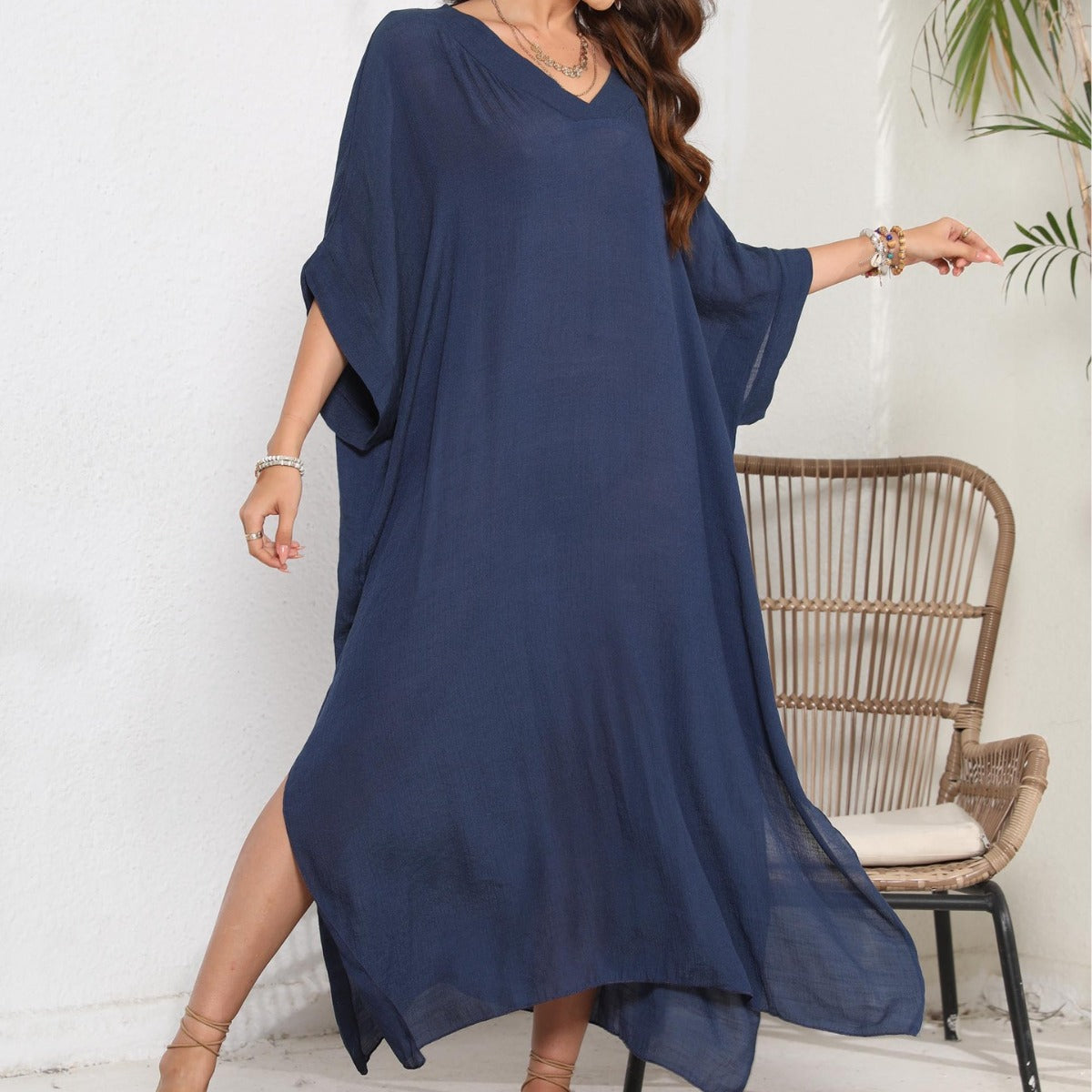 Summer Women Casual Solid Color V-Neck Loose Bikini Swimsuit Cover-Ups