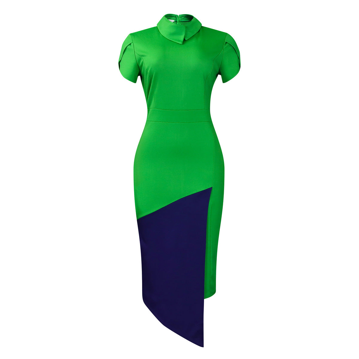 Women Fashion Casual Elegant Stand Collar Short-Sleeved Color-Block Dress