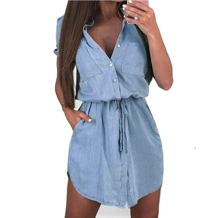 Women Fashion Casual Short Sleeve Denim Single-Breasted Dress