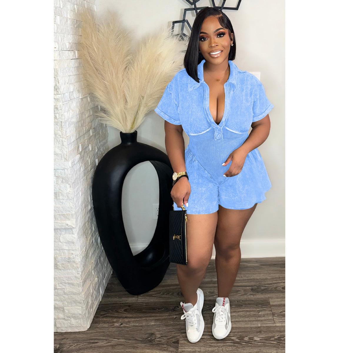 Women Washed Print A- Shaped Deep V Neck Defined Waist Short-Sleeved Casual Cargo Rompers