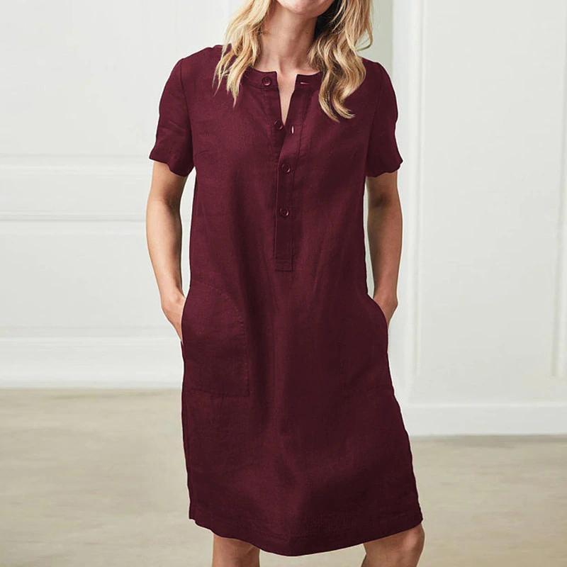 Cotton Linen Loose Short-Sleeved Mid-Length Women Solid Color Casual Dress