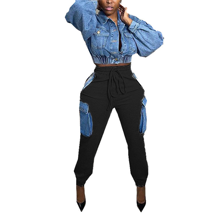 Women Fashion Casual Imitation Denim Large Pocket High Waist Cargo Pants