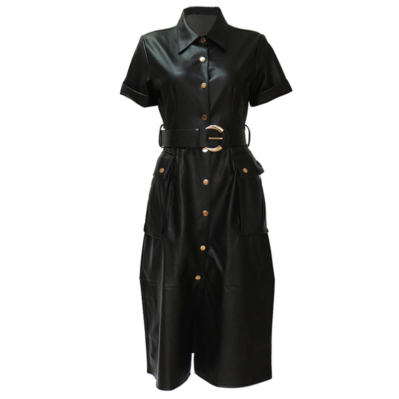 Women Fashion Casual PU Solid Color Leather Lapel Belt Short Sleeve Dress
