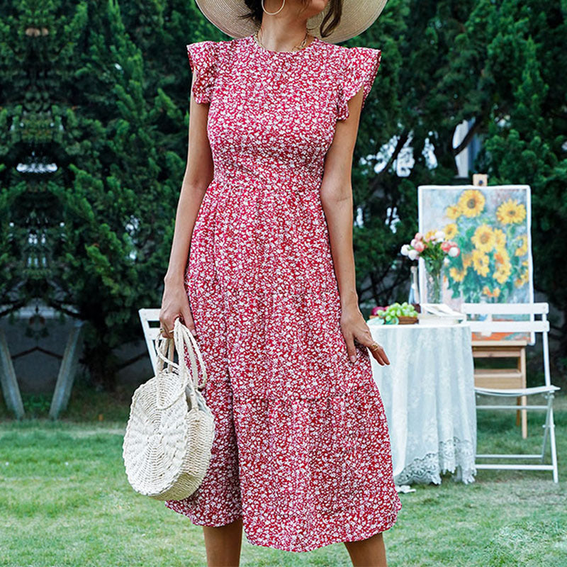 Women Casual floral Printing Round Neck Ruffled Dress