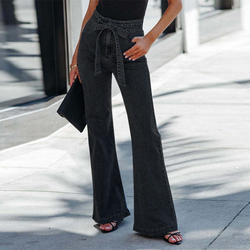 Women Fashion Casual Mid-Waist Flared Jeans With Belt