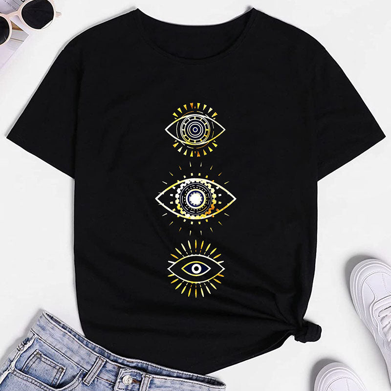 Camiseta informal de manga corta con cuello redondo y estampado de mal de ojo