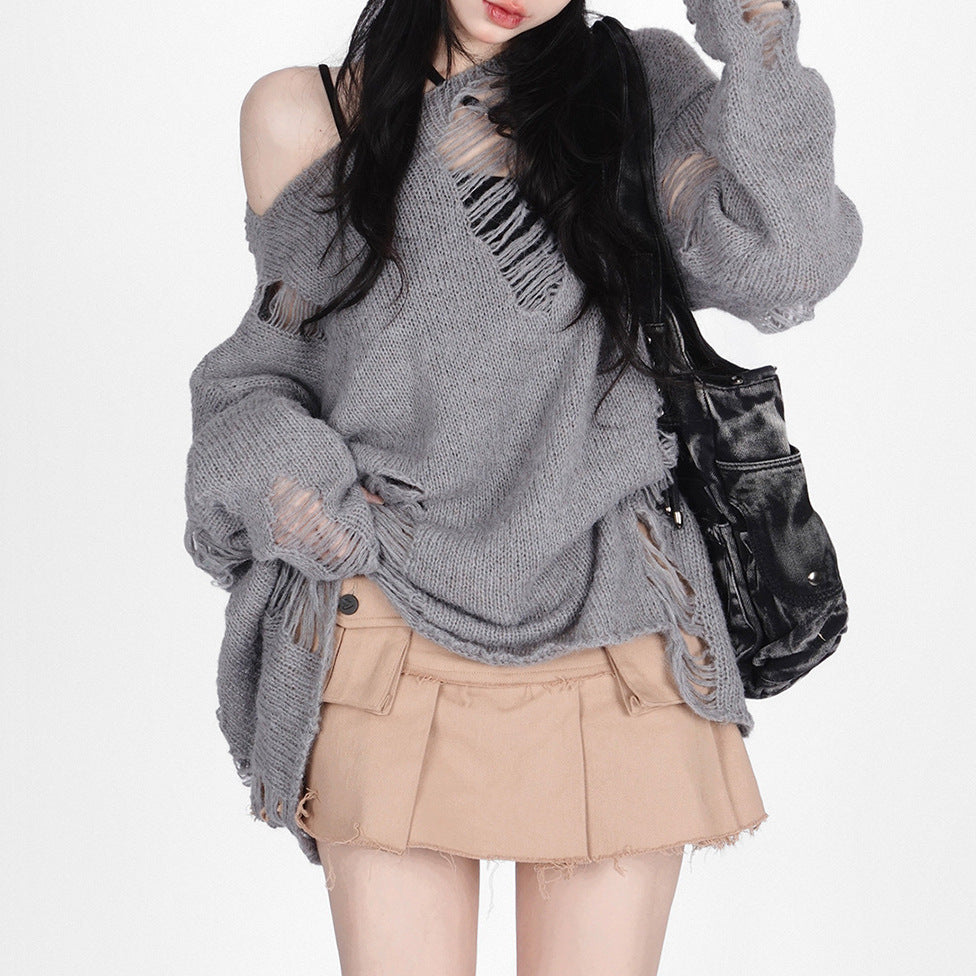 Suéter de punto holgado y acogedor para mujer, informal, con hombros inclinados