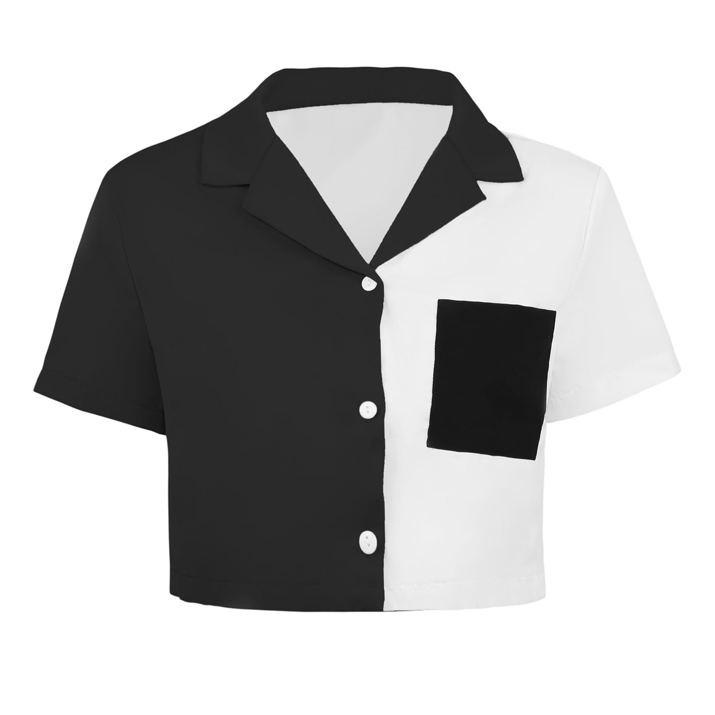 Blusa corta informal elegante de manga corta con bolsillos y bloques de color para mujer