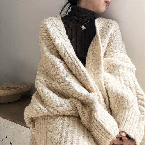Women Solid Color Winter Knitted Thickened Loose Long Casual Sweater Coat Cardigan