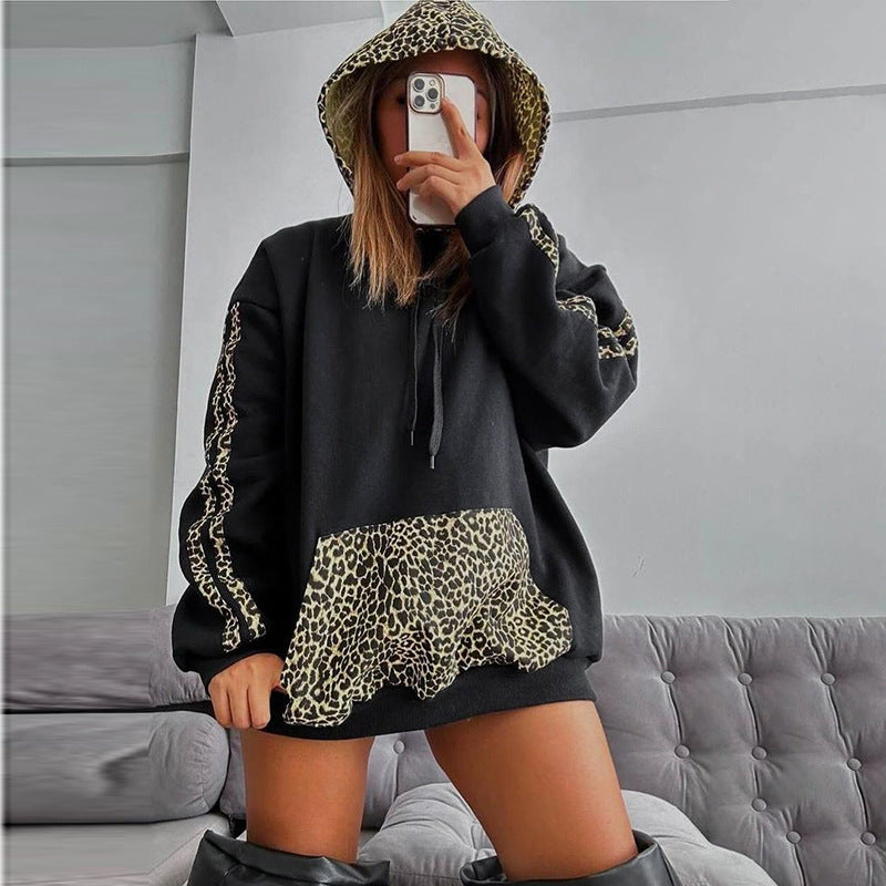 Sudadera con capucha de manga larga con cordón y estampado de leopardo para mujer, informal, para otoño e invierno