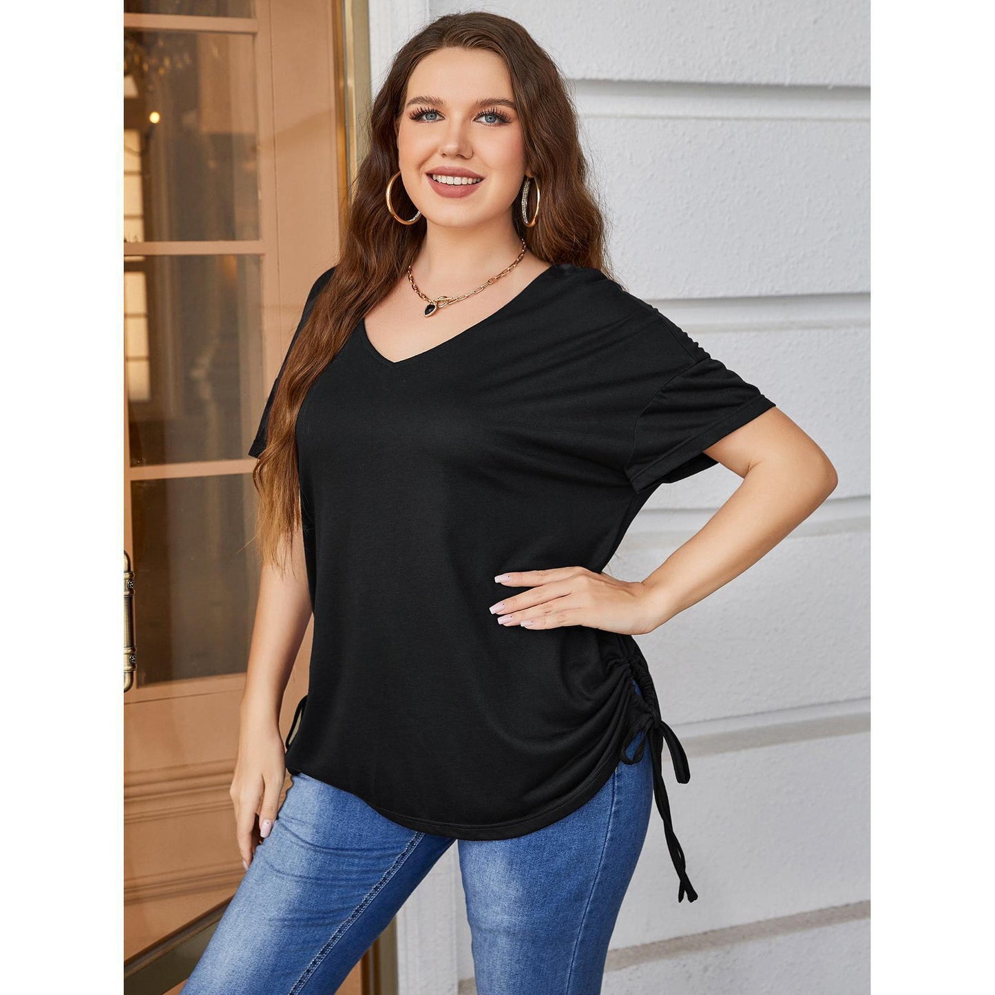 Women Plus Size Casual Solid Color Short Sleeve Drawstring Top
