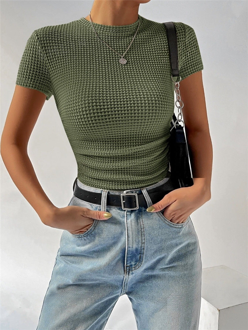 Women Fashion Casual Round Neck Knitted Short Sleeve Top