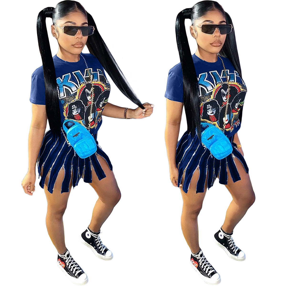 Women Edgy Creativw Casual Graphic Printed Short Sleeves Round Neck Zipper Dress