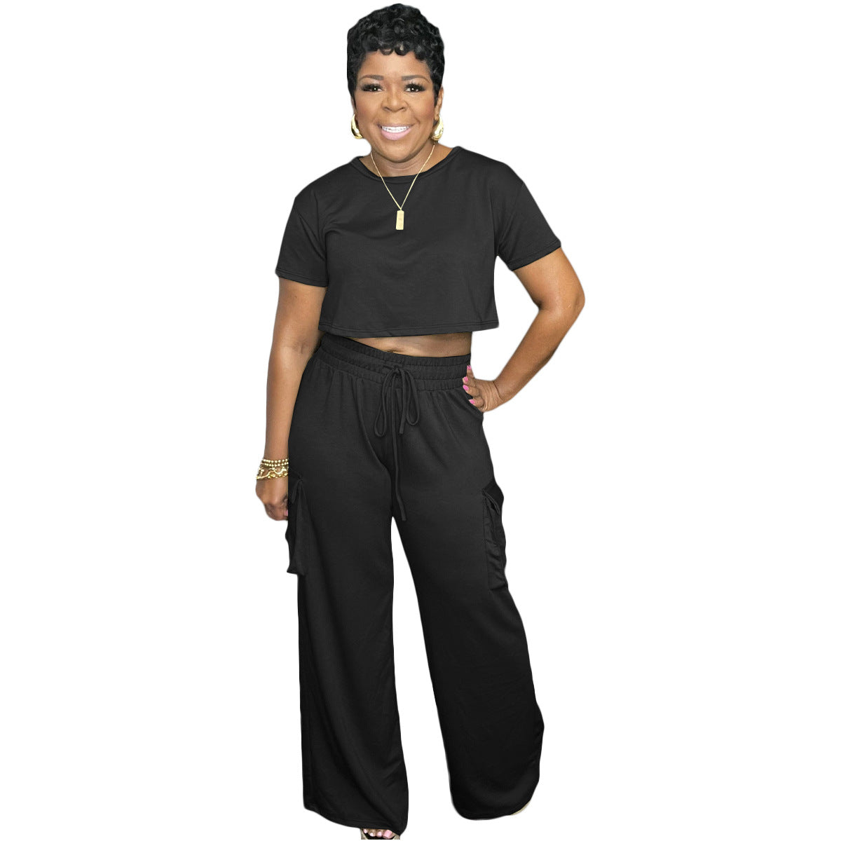 Women Casual Solid Color Round Neck Short-Sleeved Crop Top Drawstring Wide-Leg Pants Two-Piece Set